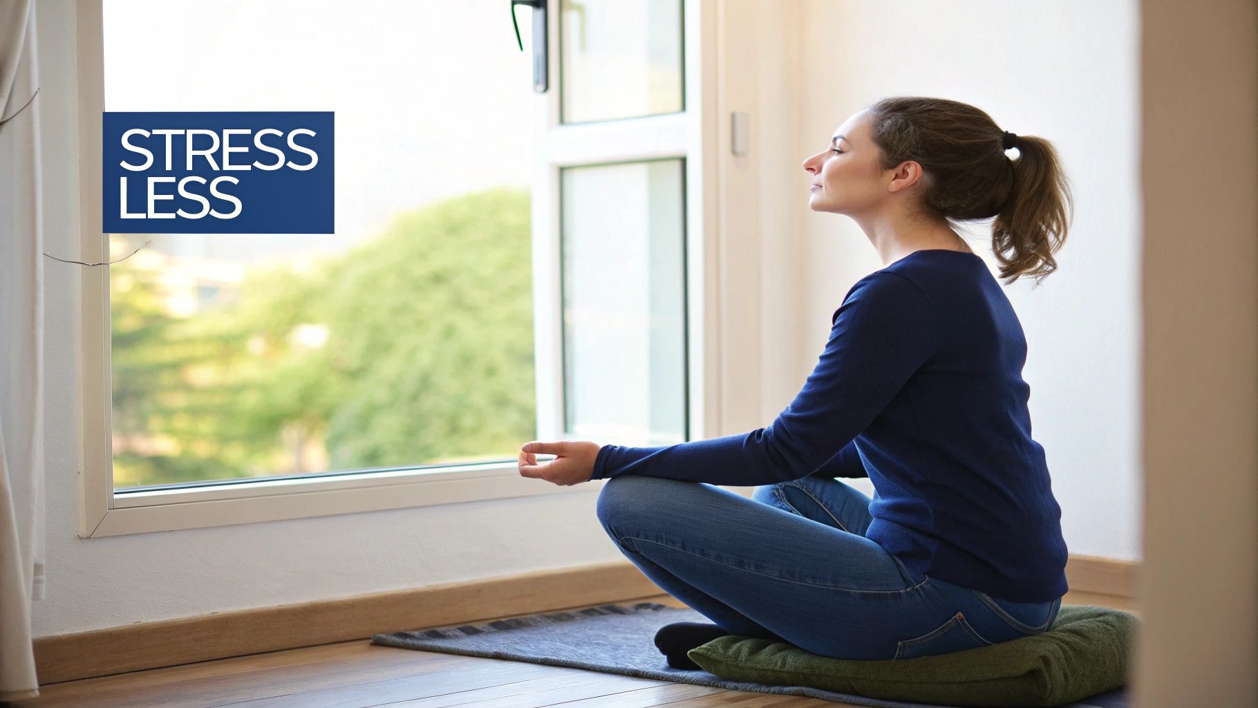 A woman peacefully meditating by a window, demonstrating stress management techniques.