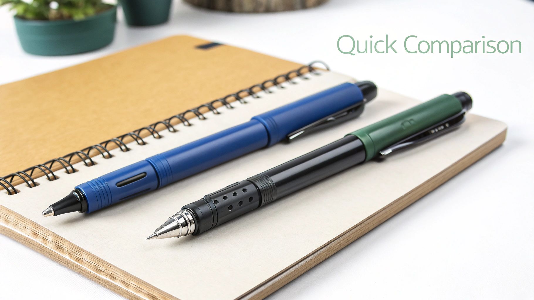 Two pens, a blue one and a black and green one, resting on a spiral notebook with 'Quick Comparison' text.