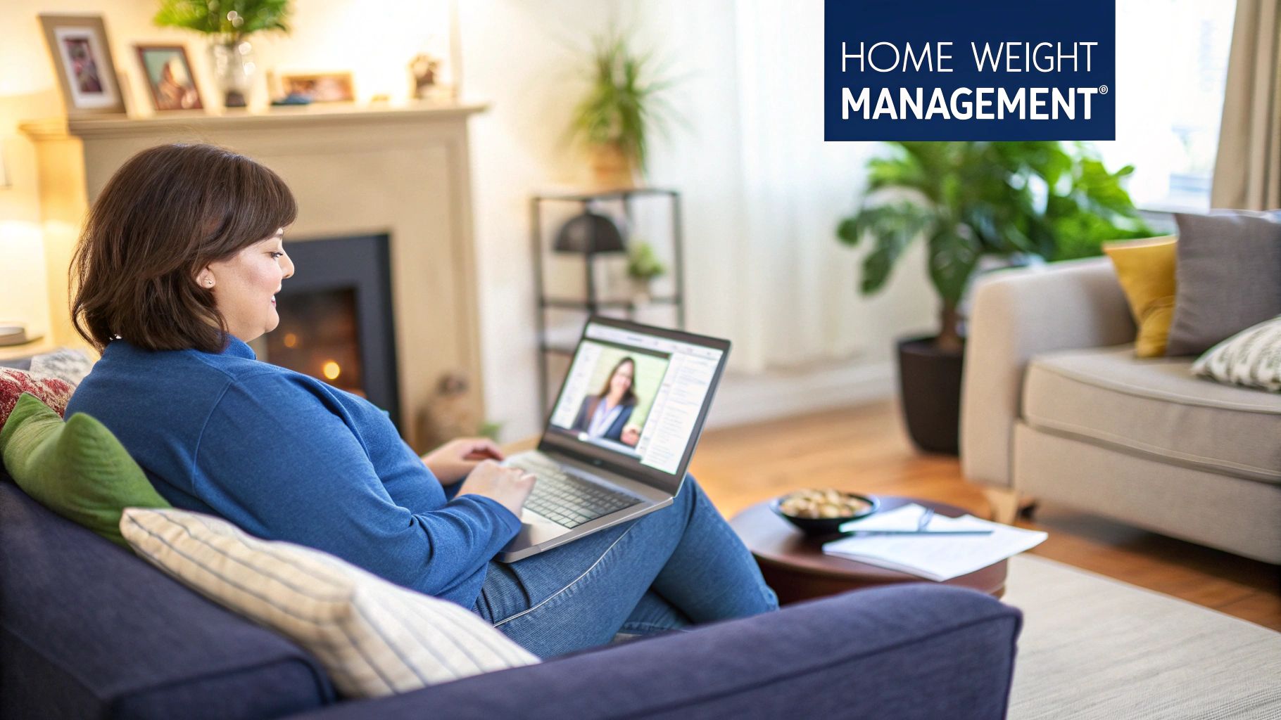 A woman smiles while holding a telehealth consultation on her tablet at home.