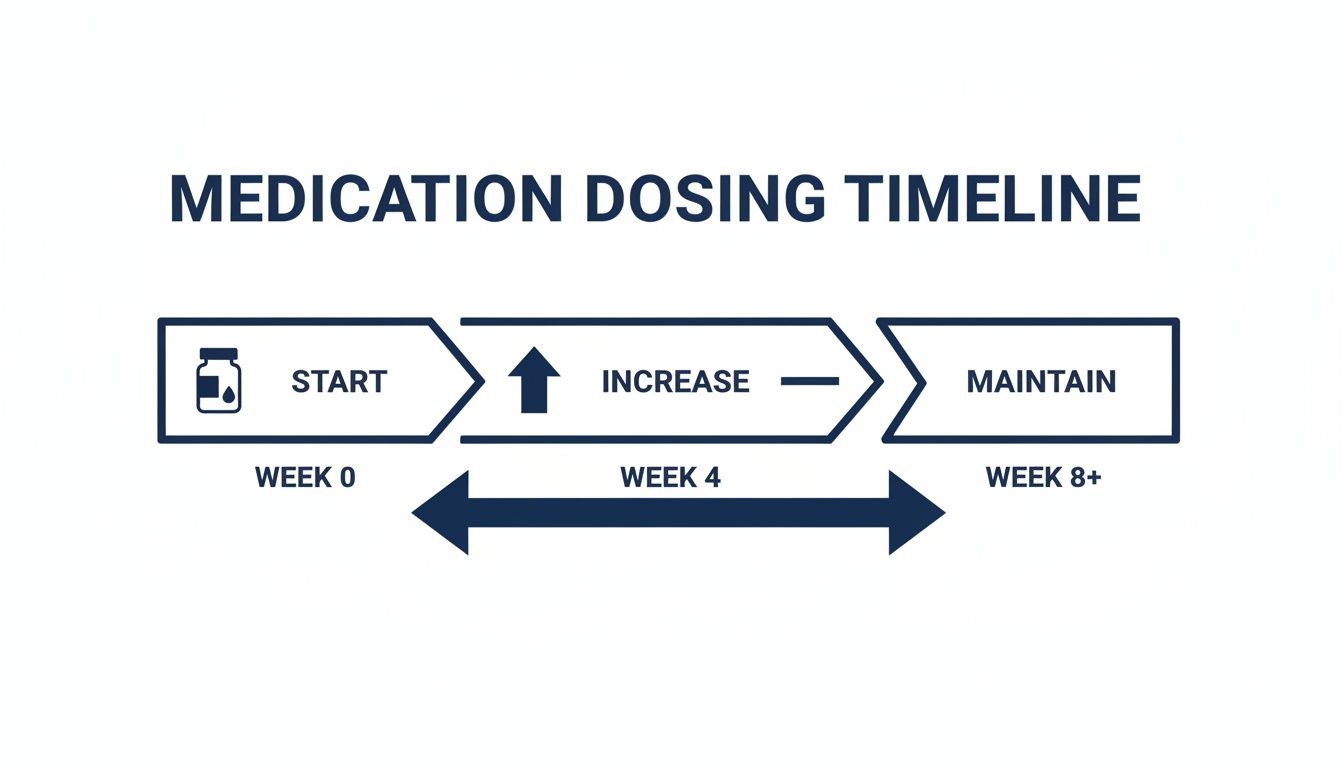 A medication dosing timeline illustrating 'Start' at Week 0, 'Increase' at Week 4, and 'Maintain' at Week 8+.