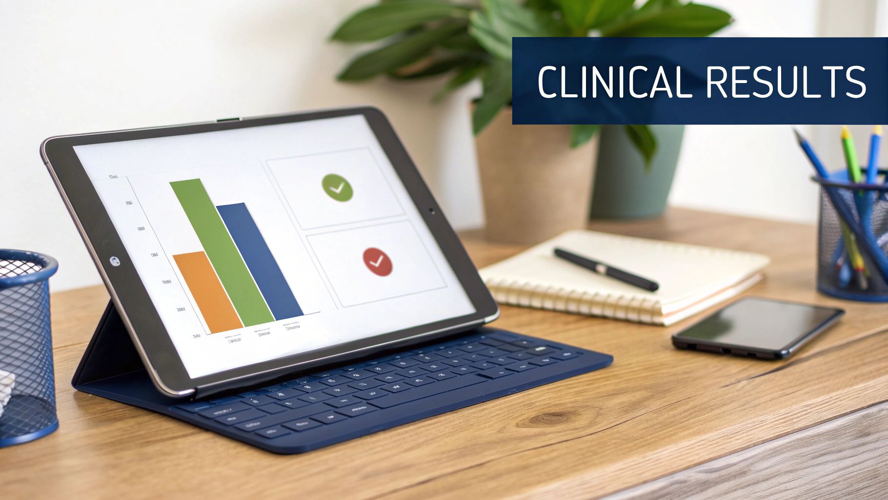 A digital tablet displays a bar chart and checkmarks on a wooden desk with office supplies, highlighting clinical results.