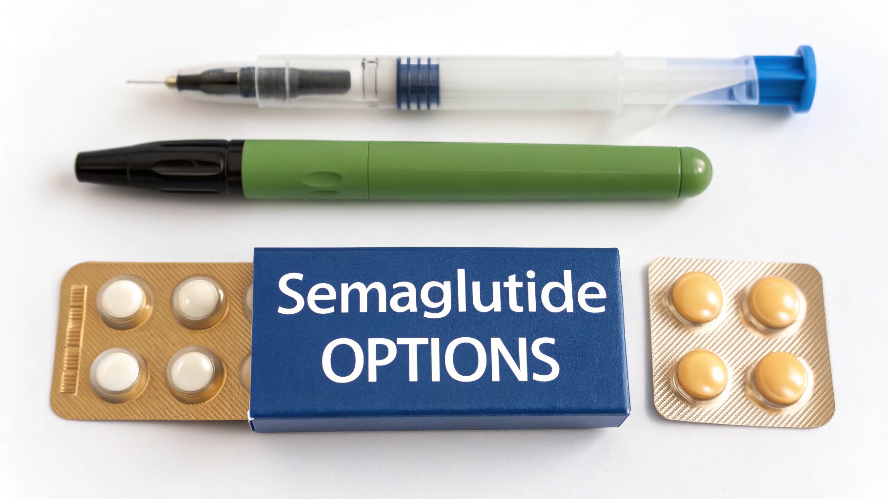 Different semaglutide options displayed: an injection pen, a pen device, and two blister packs of pills.