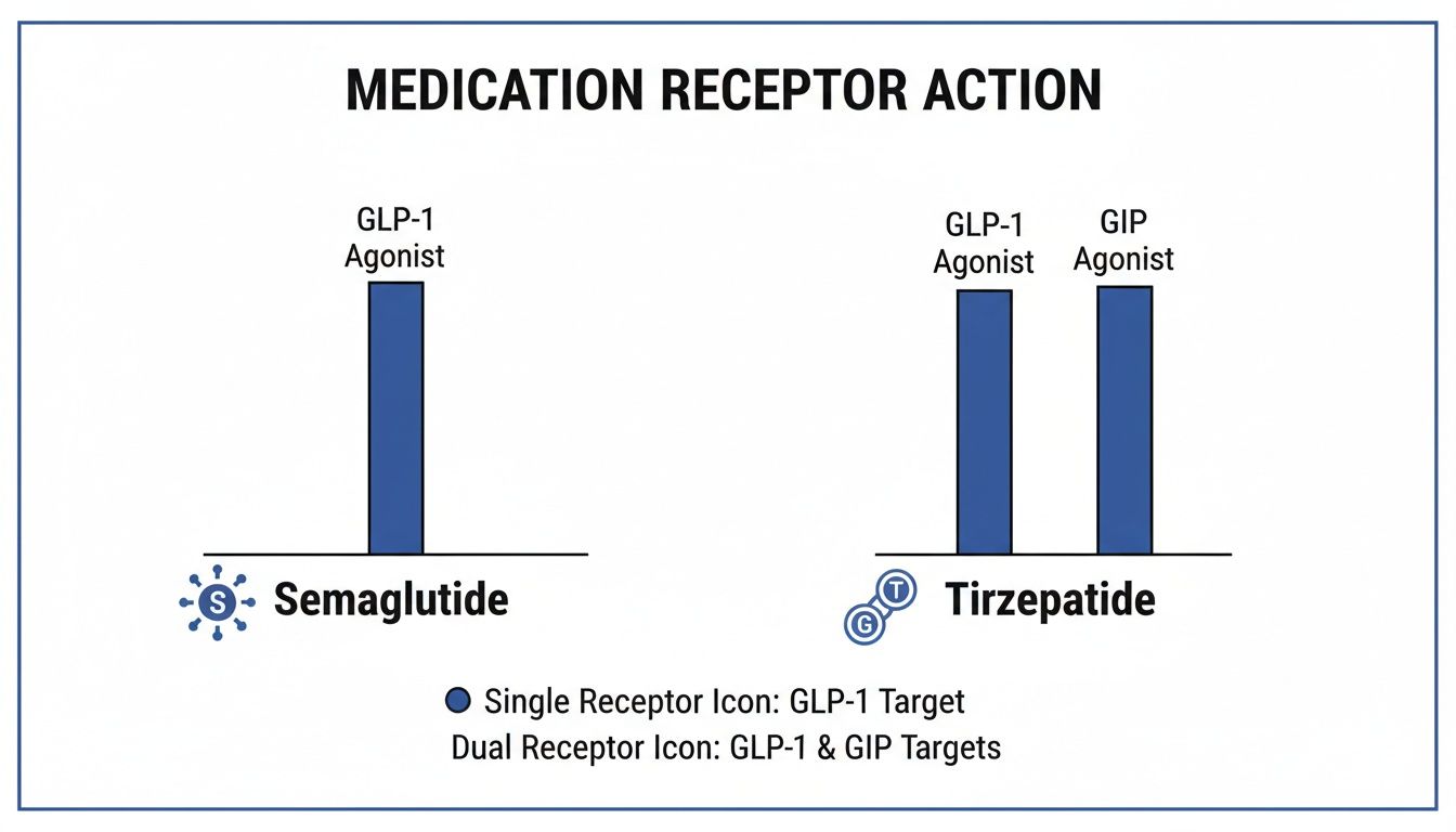 Comparison of Semaglutide (GLP-1 agonist) and Tirzepatide (GLP-1 and GIP agonists) receptor actions.