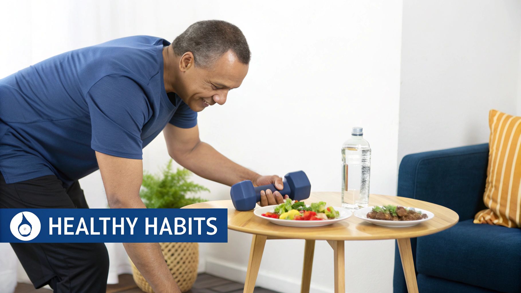 A smiling man exercising with a dumbbell next to healthy food and water, representing healthy habits.