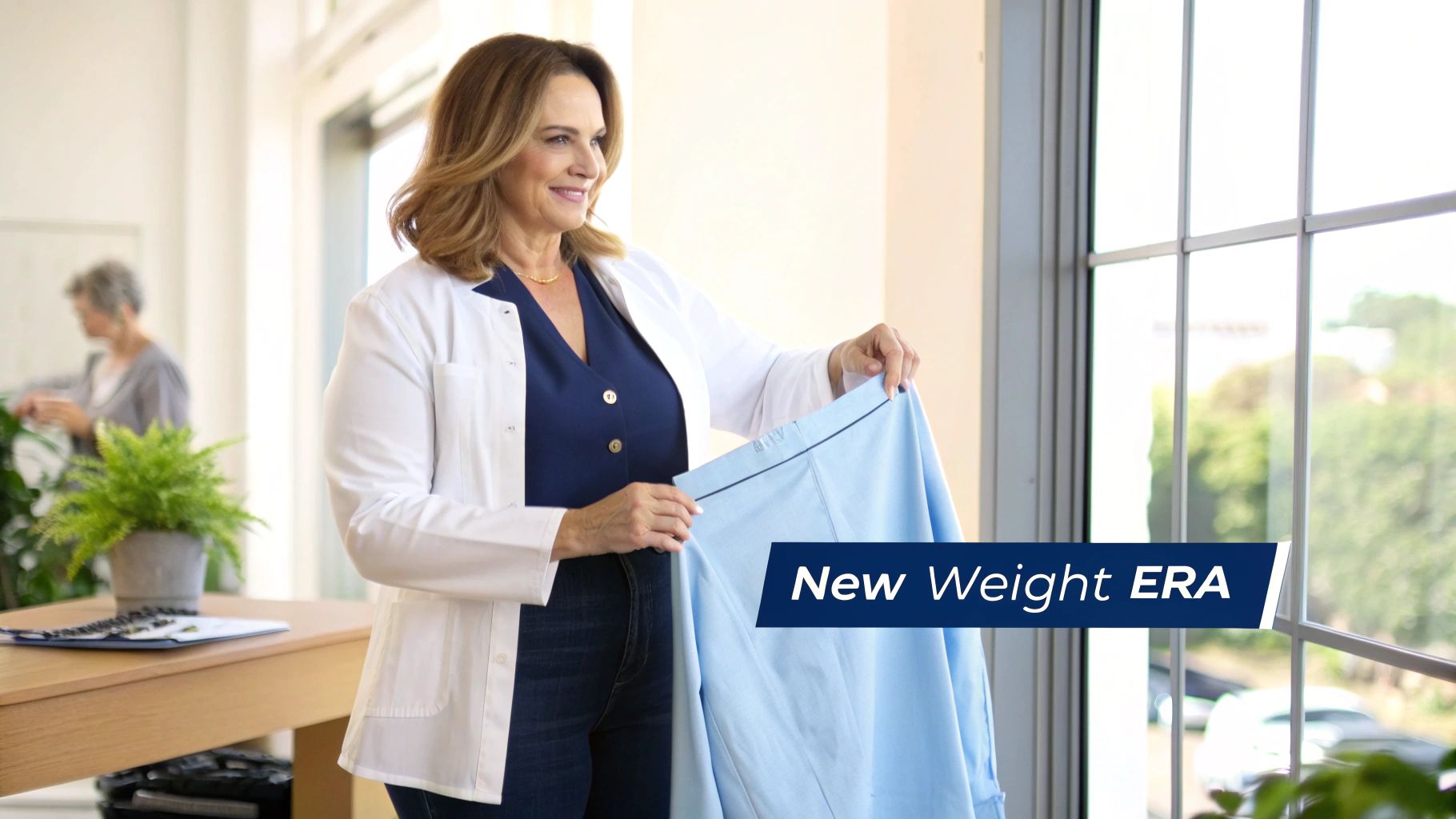 A smiling woman in a lab coat holds up light blue fabric, possibly scrubs, in a bright clinic.