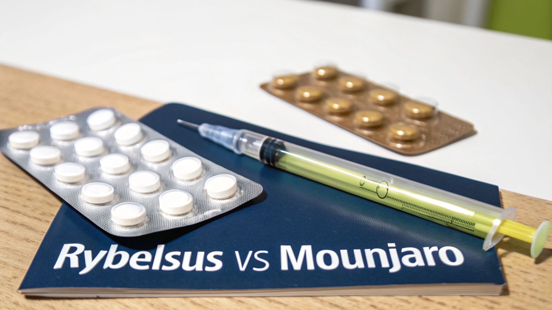 Comparison of Rybelsus and Mounjaro diabetes medications with white pills, injectable pen, and gold capsules