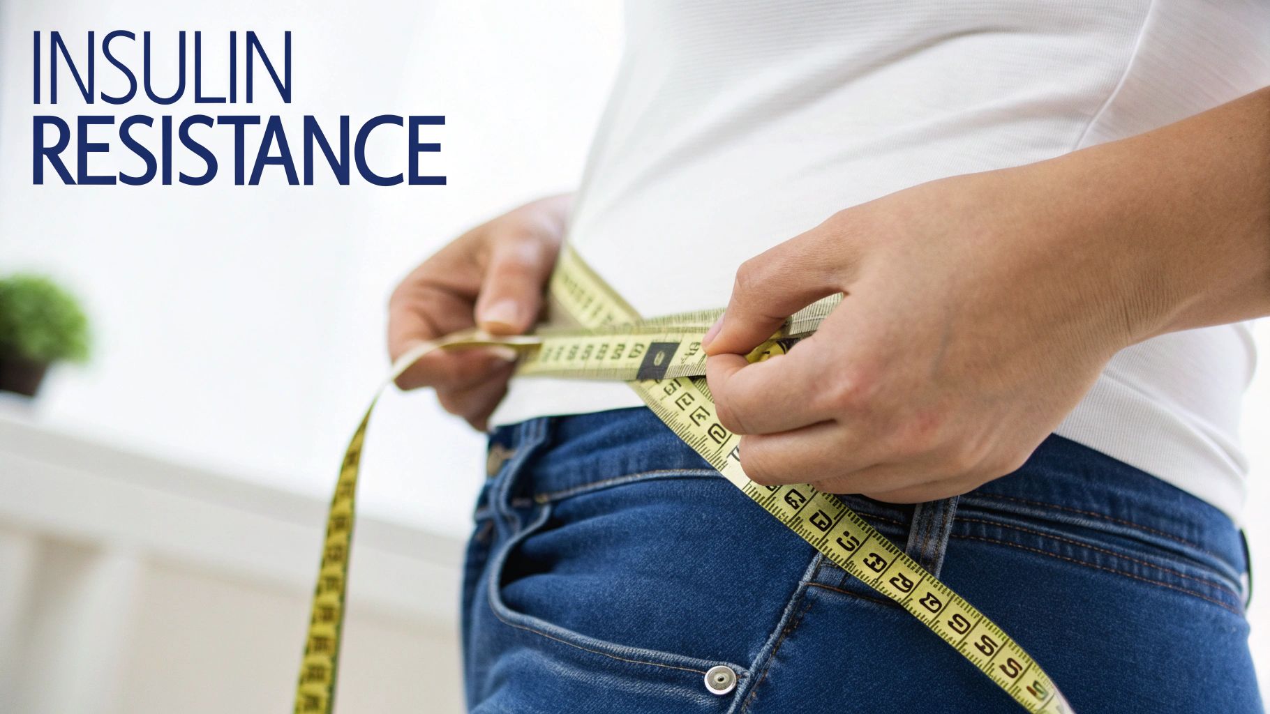 A person in a white shirt and blue jeans measures their waist with a yellow tape measure.