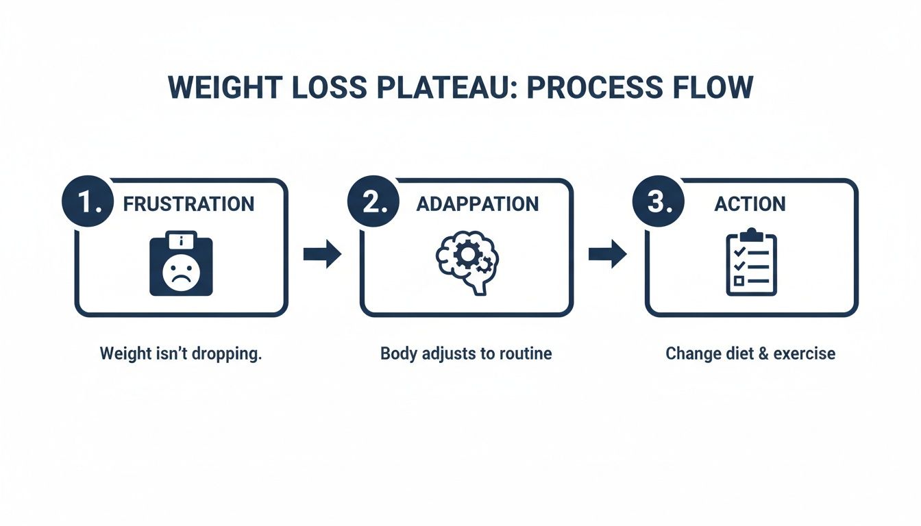 A three-step process flow illustrating how to overcome a weight loss plateau.