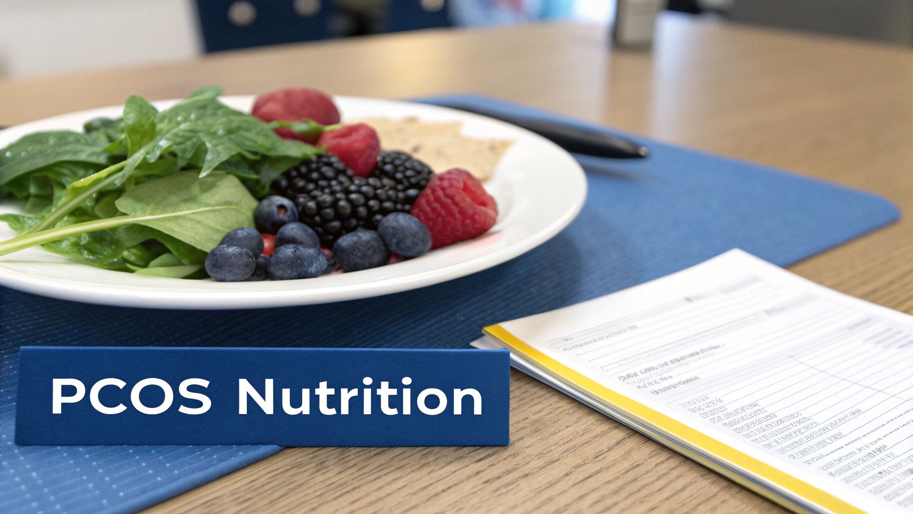 A plate of healthy food including spinach and berries, next to a “PCOS Nutrition” sign.