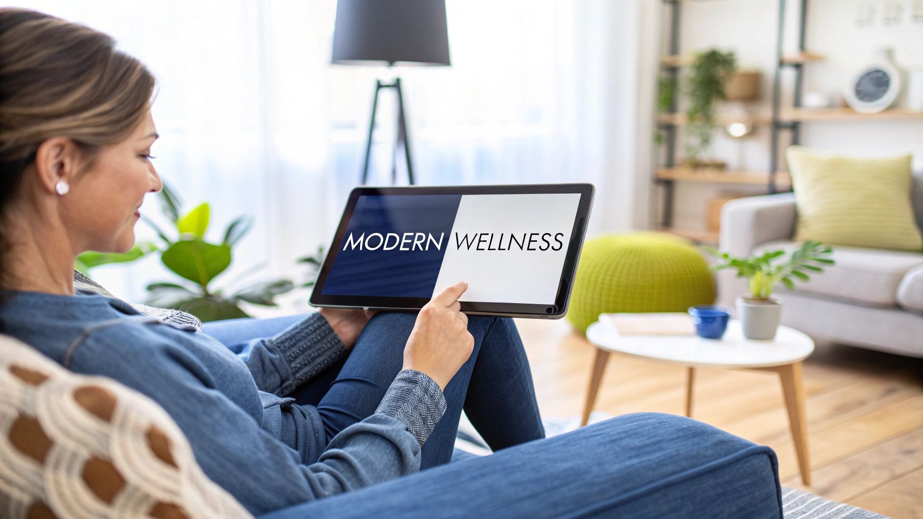 A woman smiles while looking at her laptop in a bright, modern living room.