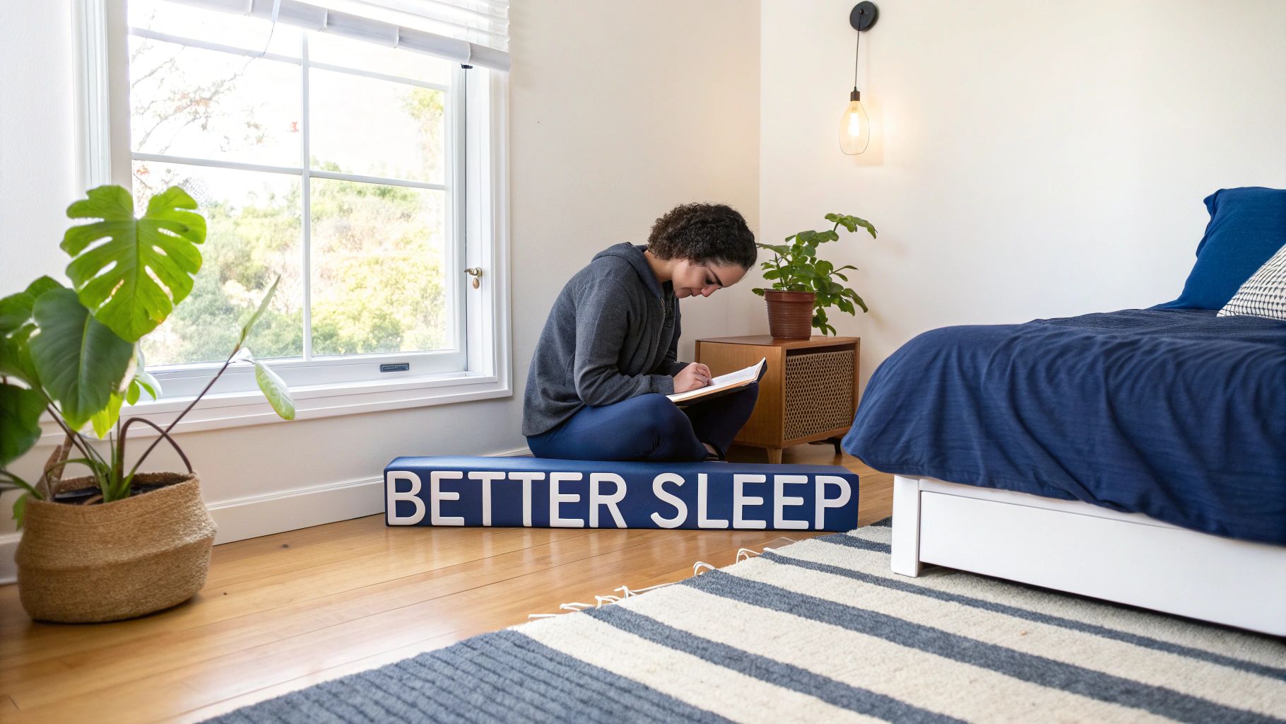 A young woman sits on a "BETTER SLEEP" block, journaling in a bright bedroom.