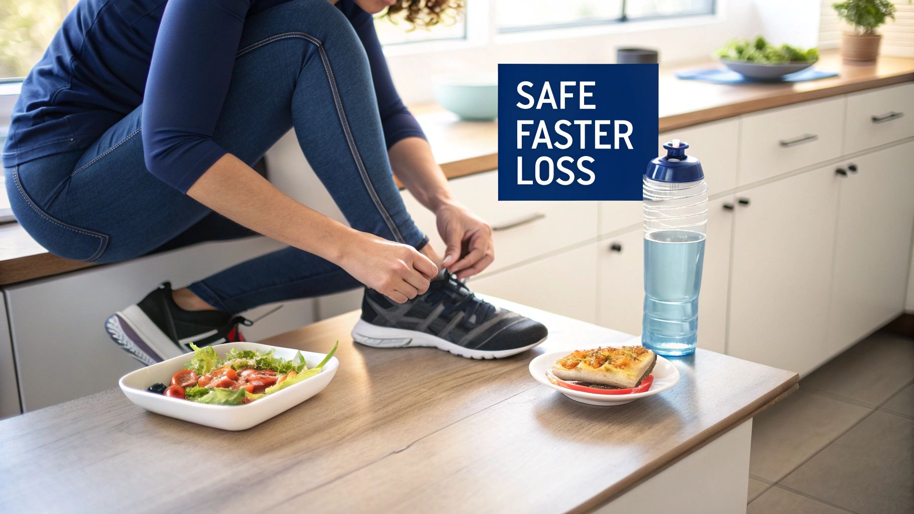 A person ties shoelaces in a kitchen with a healthy salad, a meal, and a water bottle, ready for exercise and a healthy lifestyle.