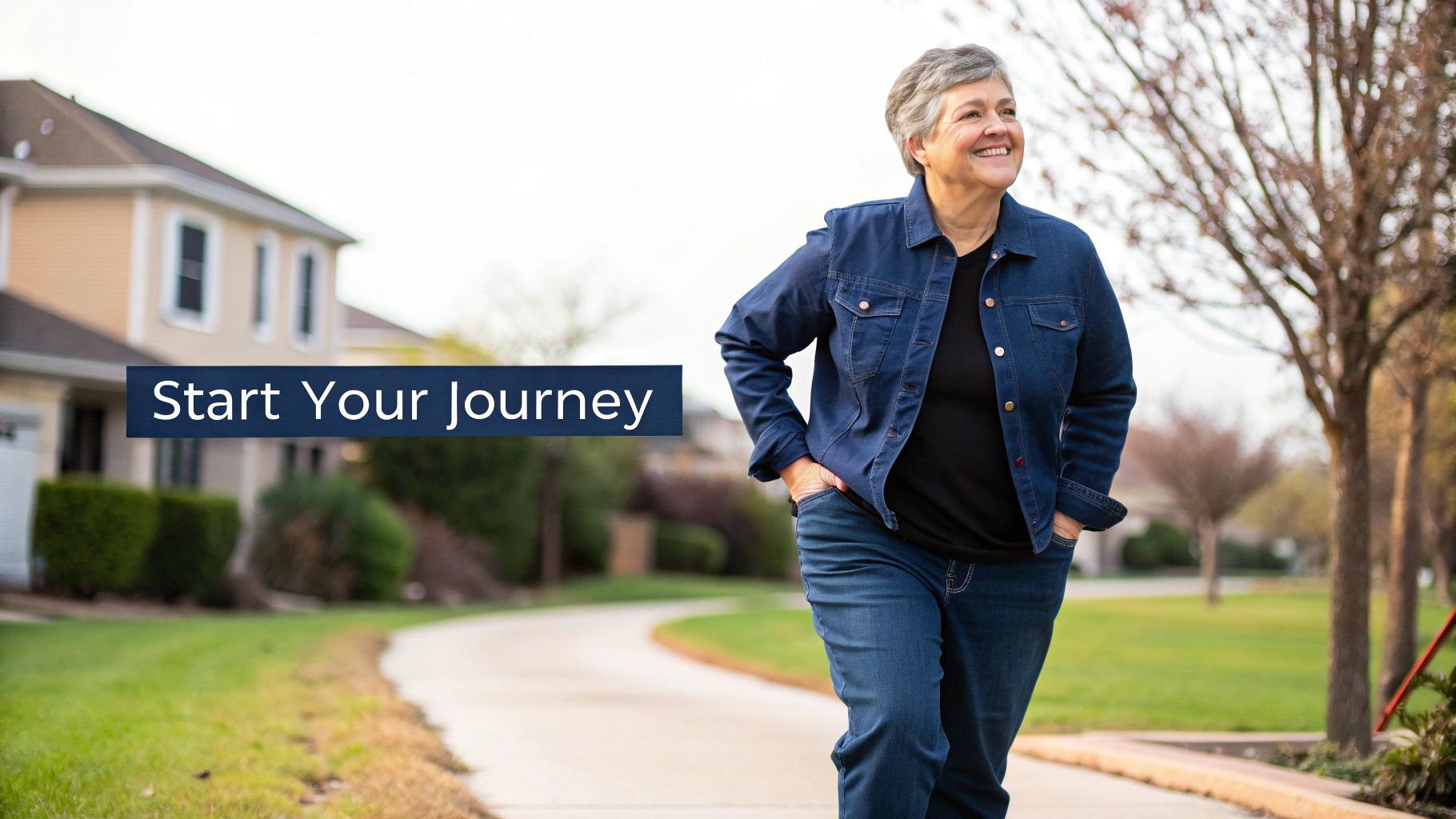 Smiling woman in denim jacket walks on a neighborhood path, inspiring "Start Your Journey".