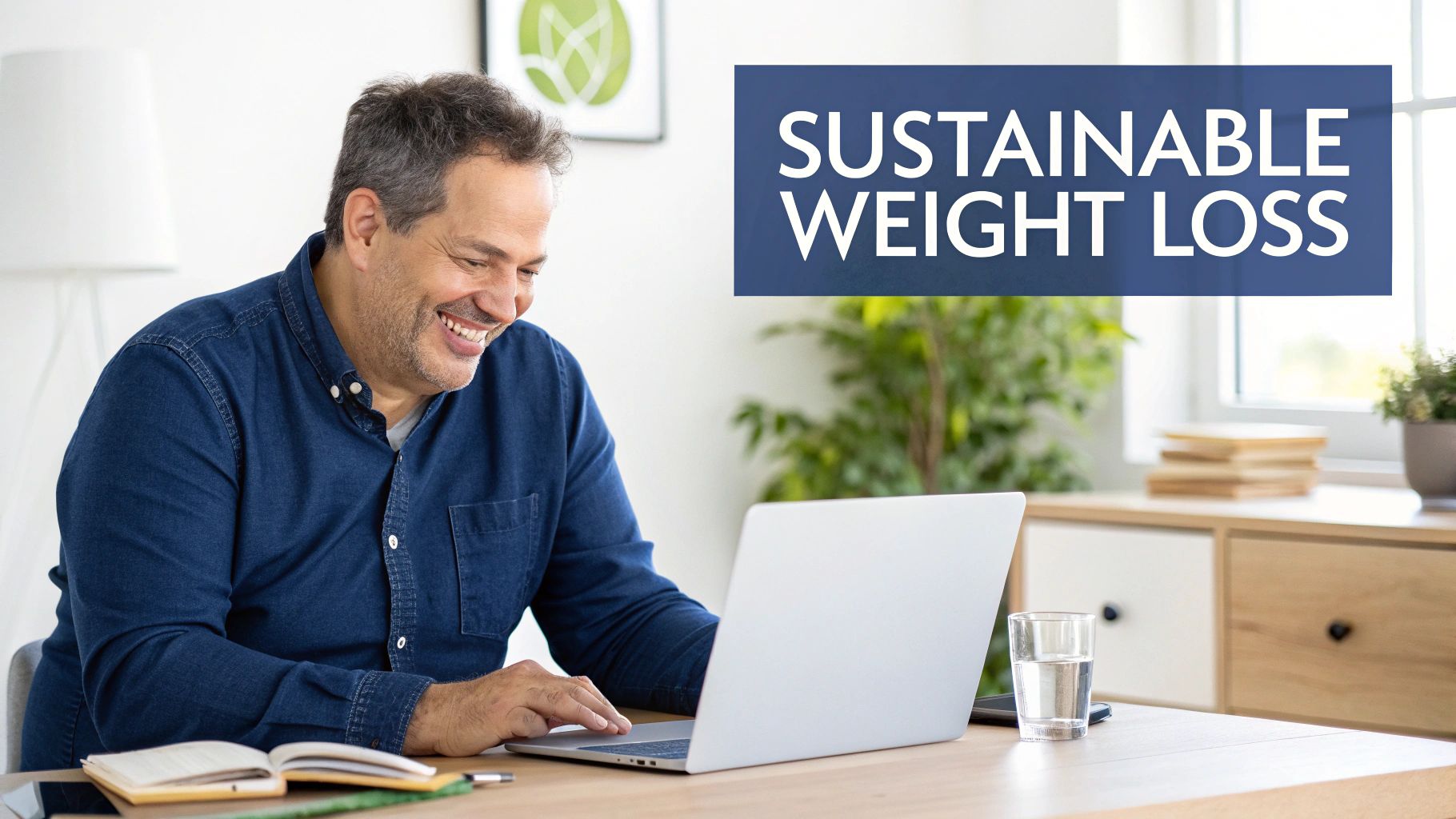 A smiling man uses a laptop, with a notebook and glass of water, showing text 'Sustainable Weight Loss'.