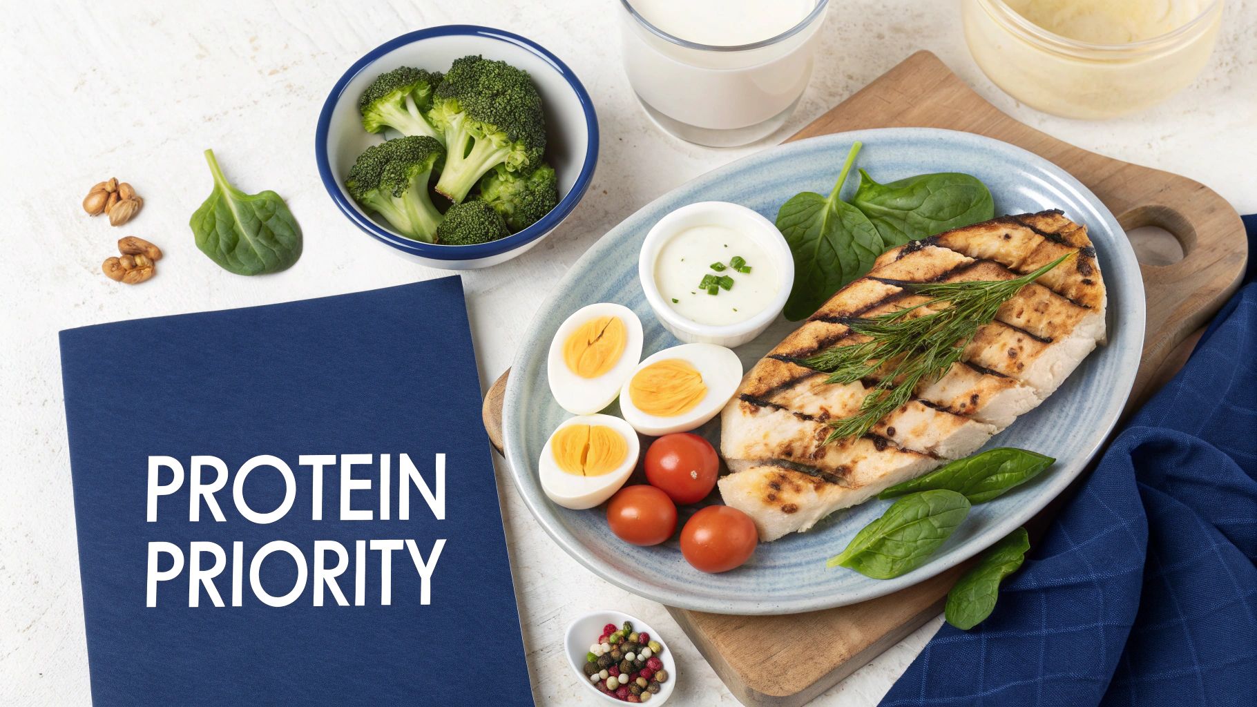 A protein-rich meal with grilled chicken, eggs, broccoli, spinach, and a 'Protein Priority' book.