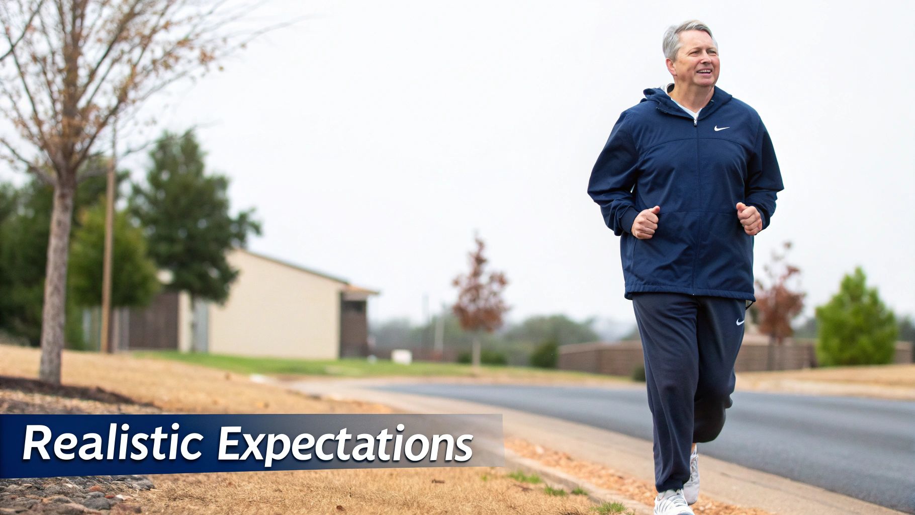 A man in a blue athletic jacket and sweatpants jogs outdoors, looking positive, with "Realistic Expectations" text.