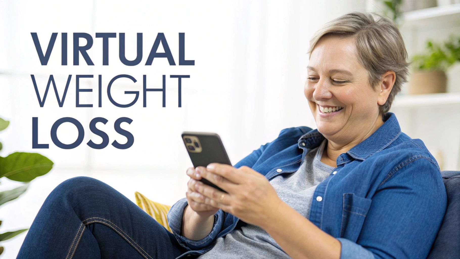 Smiling woman on a couch using her smartphone, with text "VIRTUAL WEIGHT LOSS" displayed.