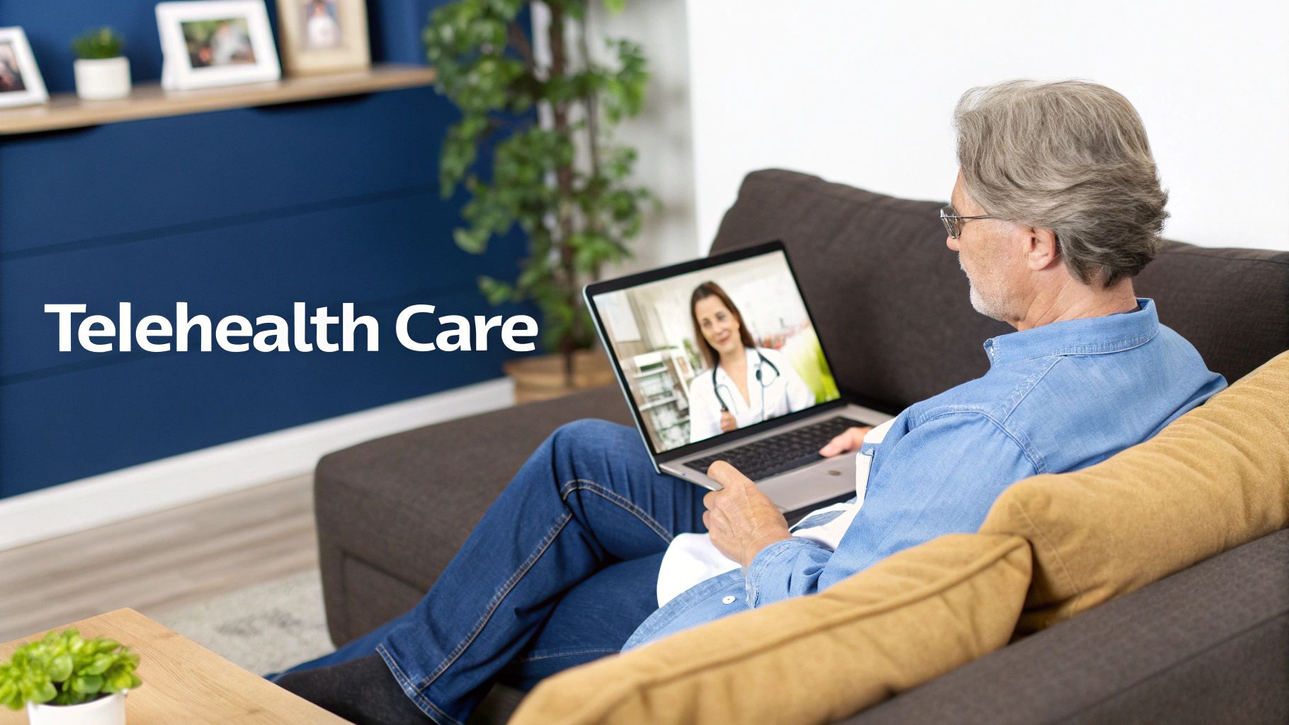 An older man on a couch having a telehealth video call with a female doctor on his laptop.