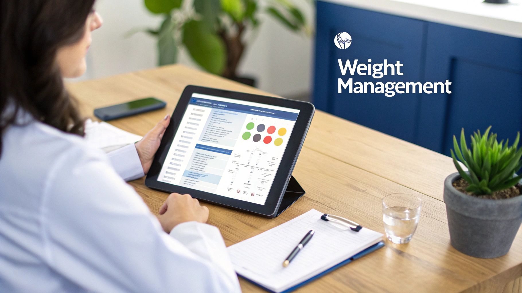 Healthcare professional reviews weight management data on a tablet at a clean wooden desk.