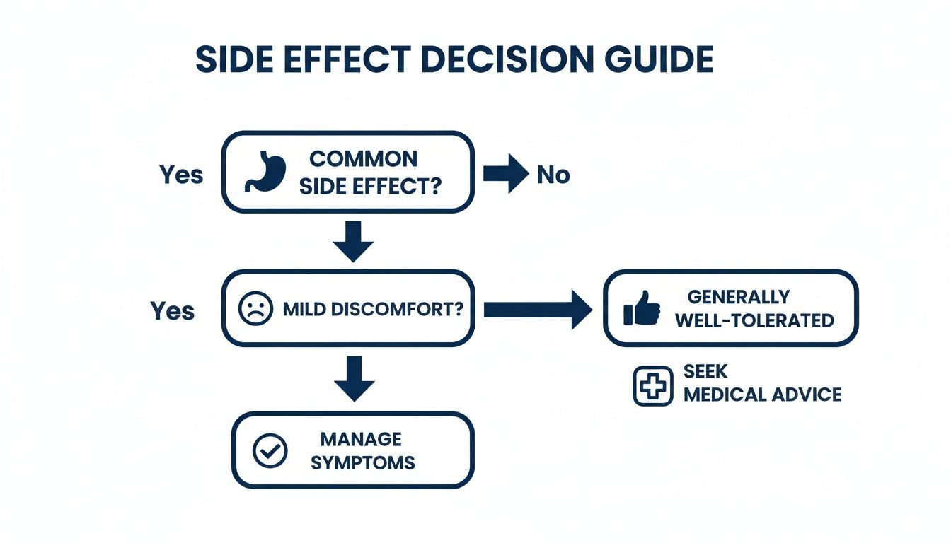 A side effect decision guide flowchart, covering common side effects, mild discomfort, managing symptoms, and seeking medical advice.