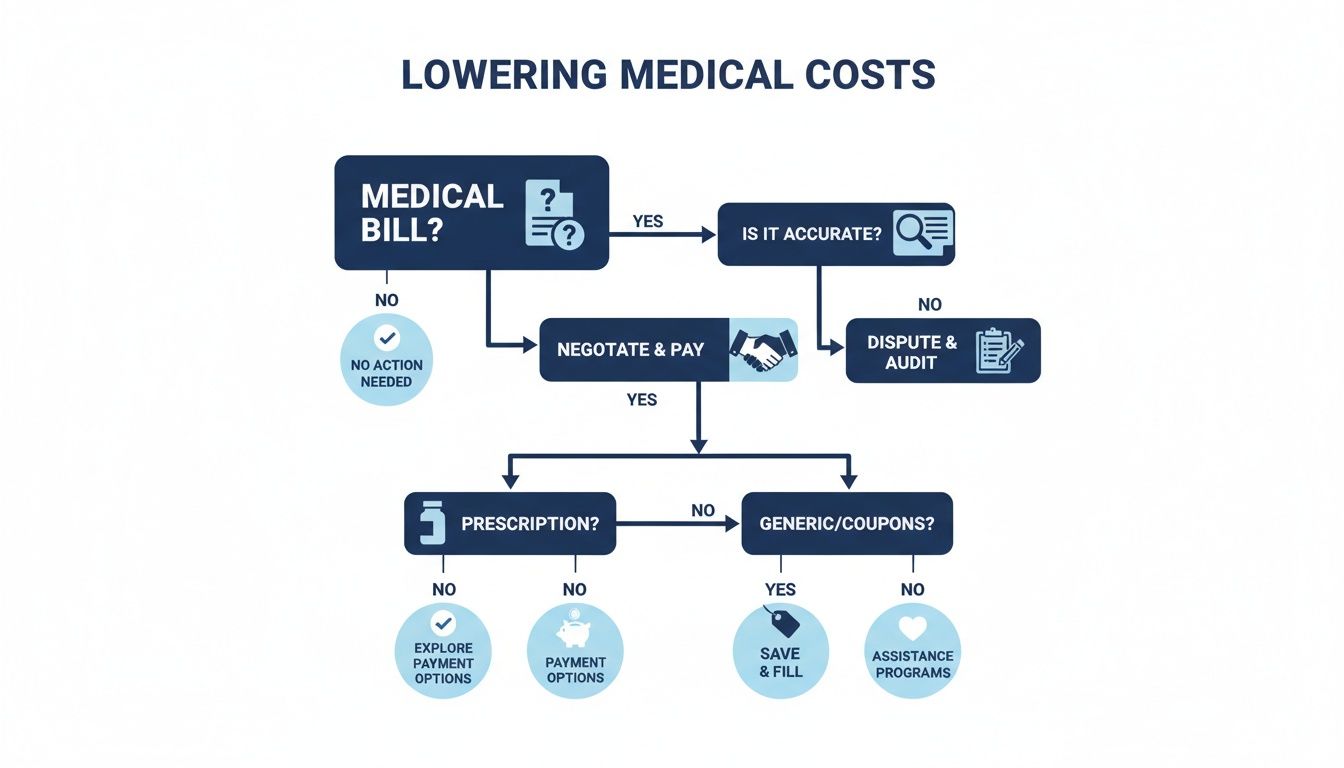 Flowchart illustrating steps to lower medical costs, covering bill accuracy, negotiation, and prescription options.