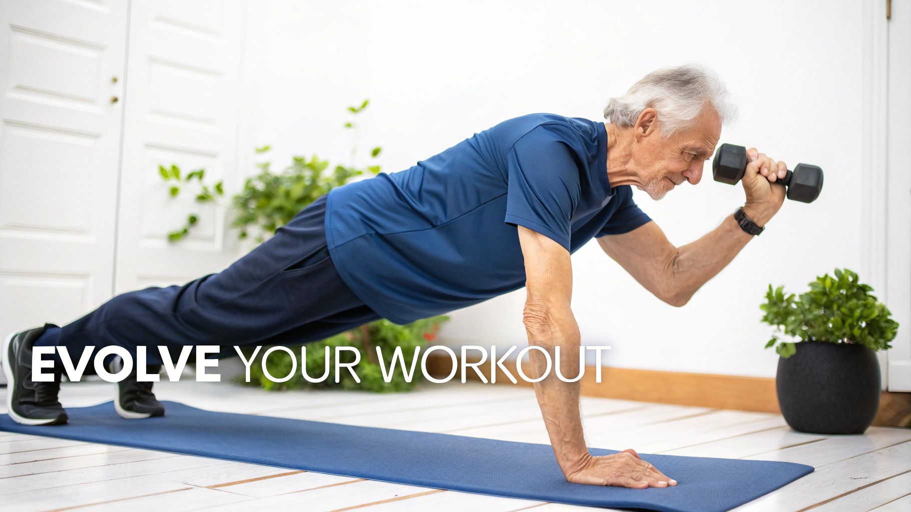 Senior man doing a plank exercise with a dumbbell on a blue yoga mat at home.