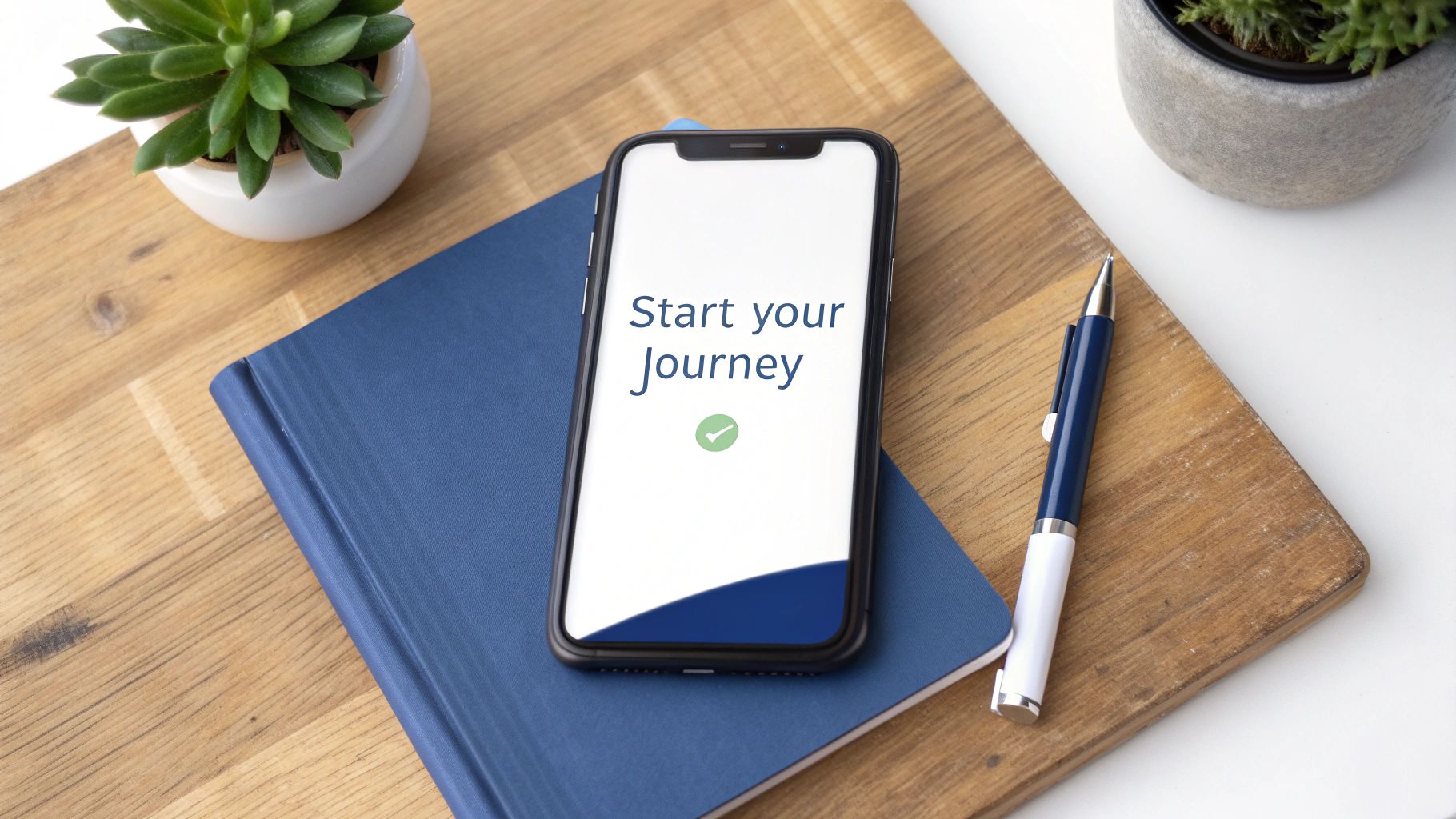A flat lay of a smartphone displaying "Start your Journey" on a blue notebook, with plants and a pen.
