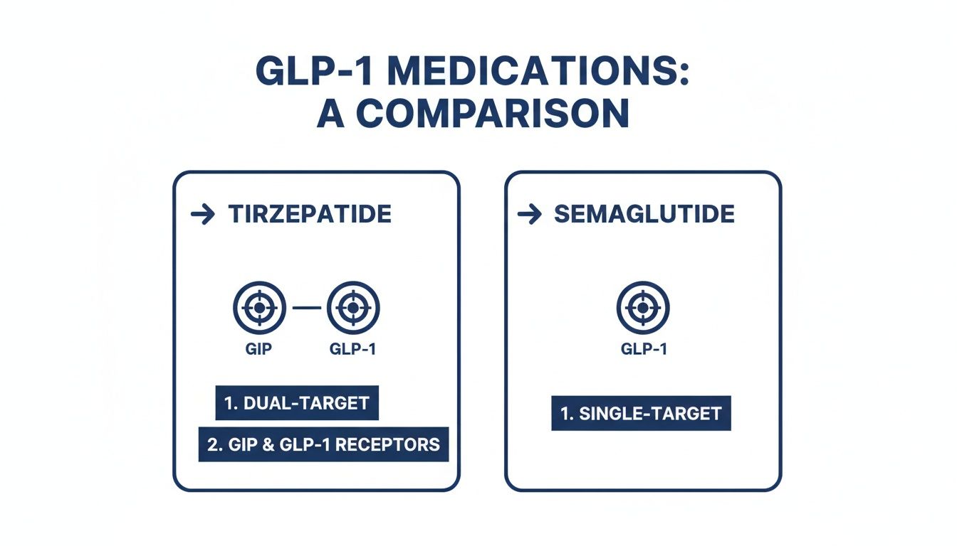 A detailed comparison of GLP-1 medications, showing Tirzepatide as dual-target (GIP & GLP-1) and Semaglutide as single-target (GLP-1).