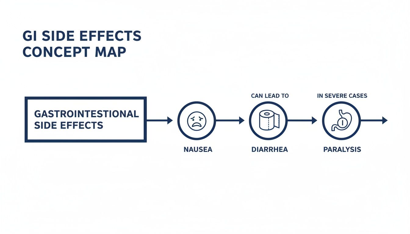Concept map illustrating gastrointestinal side effects progressing from nausea to diarrhea and severe paralysis.
