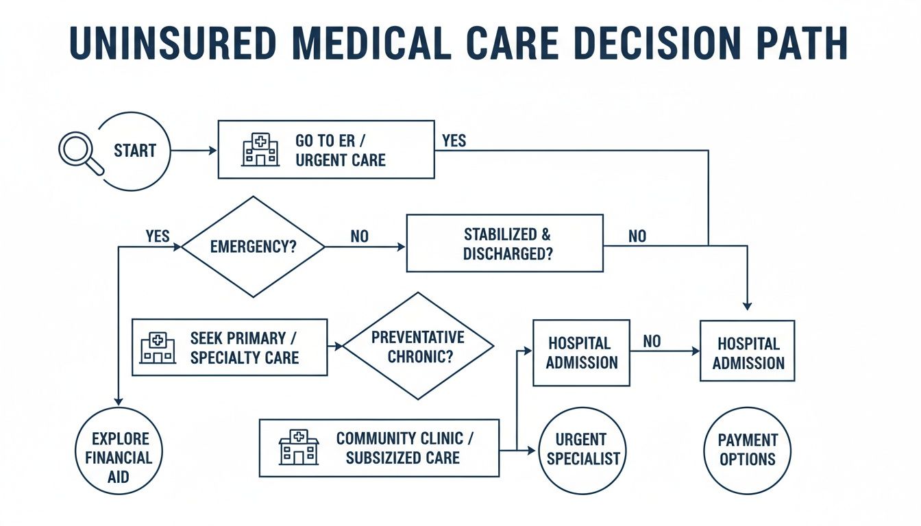 Flowchart detailing the medical care decision path for uninsured individuals, including emergency and long-term options.