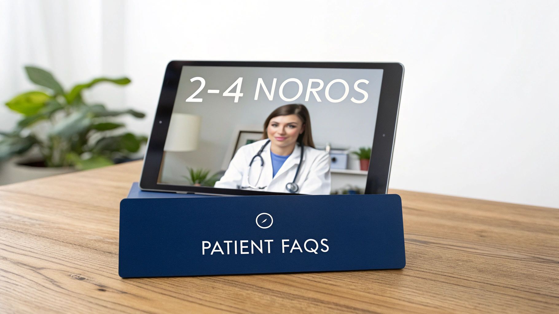 A tablet displays a doctor on a video call with '2-4 NOROS' text. A 'PATIENT FAQS' sign sits below.