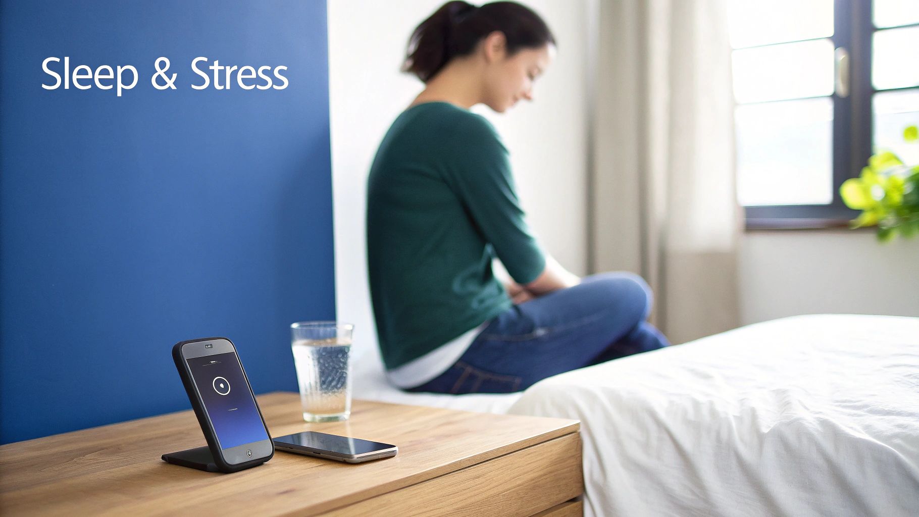 A woman sits on a bed next to a nightstand with a phone, glass of water, and 'Sleep & Stress' text.