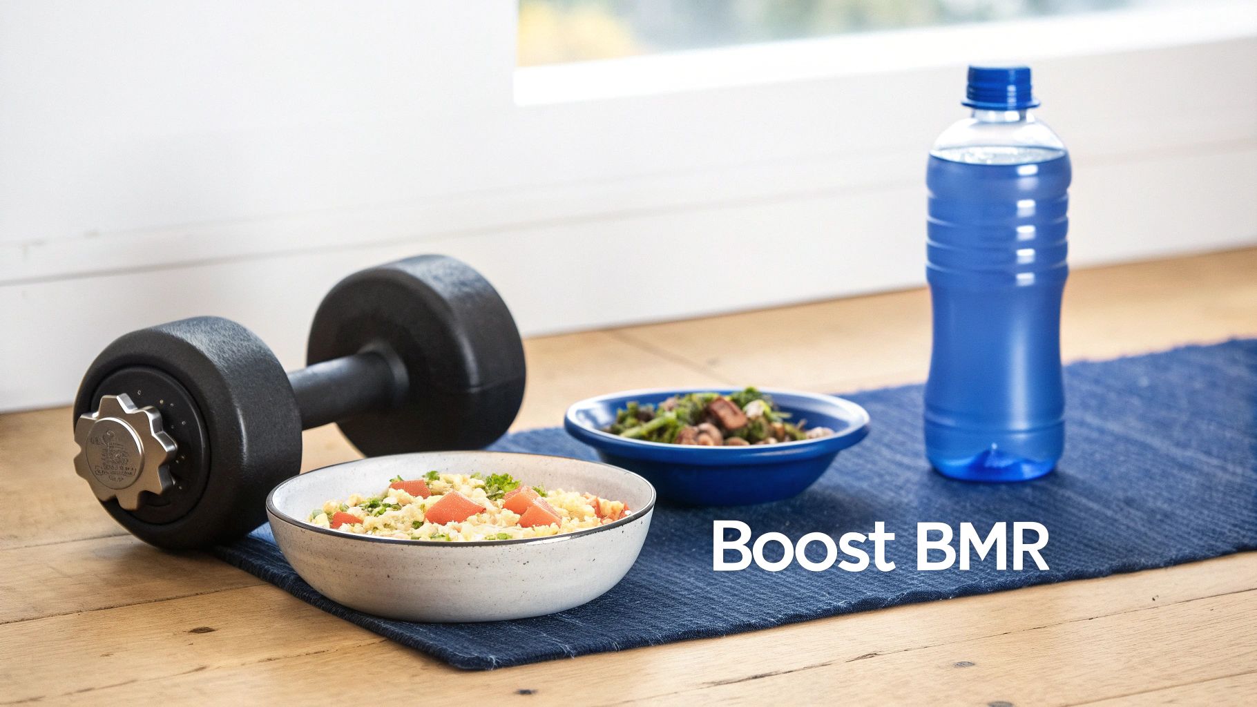 A dumbbell, two healthy food bowls, and a water bottle on a mat for boosting BMR.