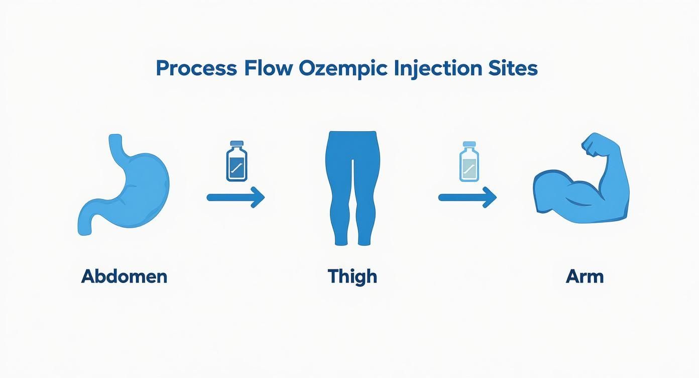 Process flow illustrating Ozempic injection sites on the abdomen, thigh, and arm with icons.