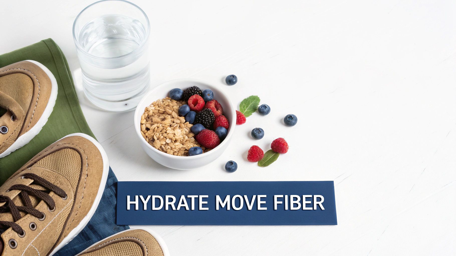 A healthy lifestyle flat lay with granola, berries, water, shoes, and a 'HYDRATE MOVE FIBER' banner.