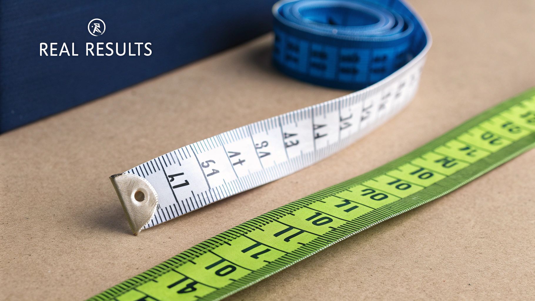 Measuring tapes in blue, white, and green on a brown surface with a 'Real Results' logo.