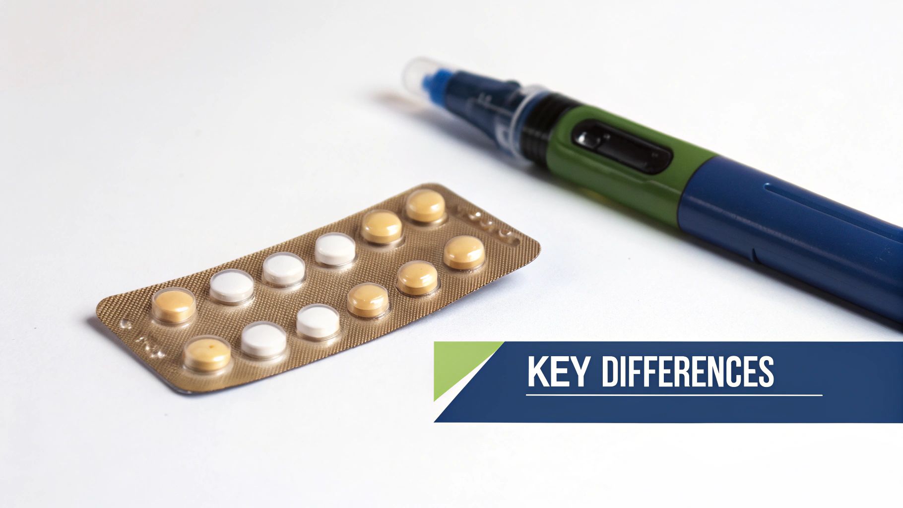 A gold blister pack with yellow and white pills sits beside a blue and green injection pen.