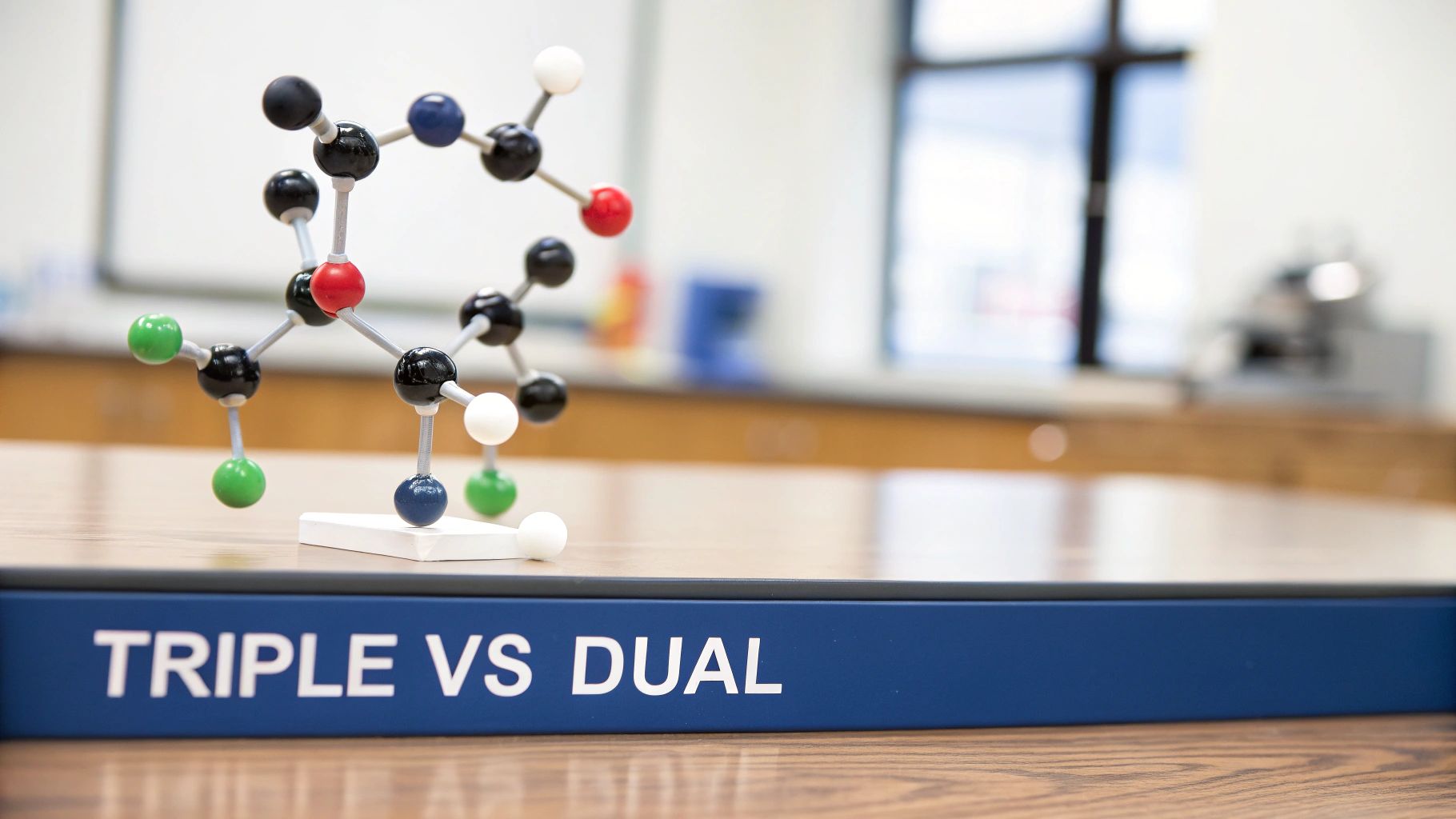 A colorful molecular model stands on a wooden table next to a blue sign with "TRIPLE VS DUAL".
