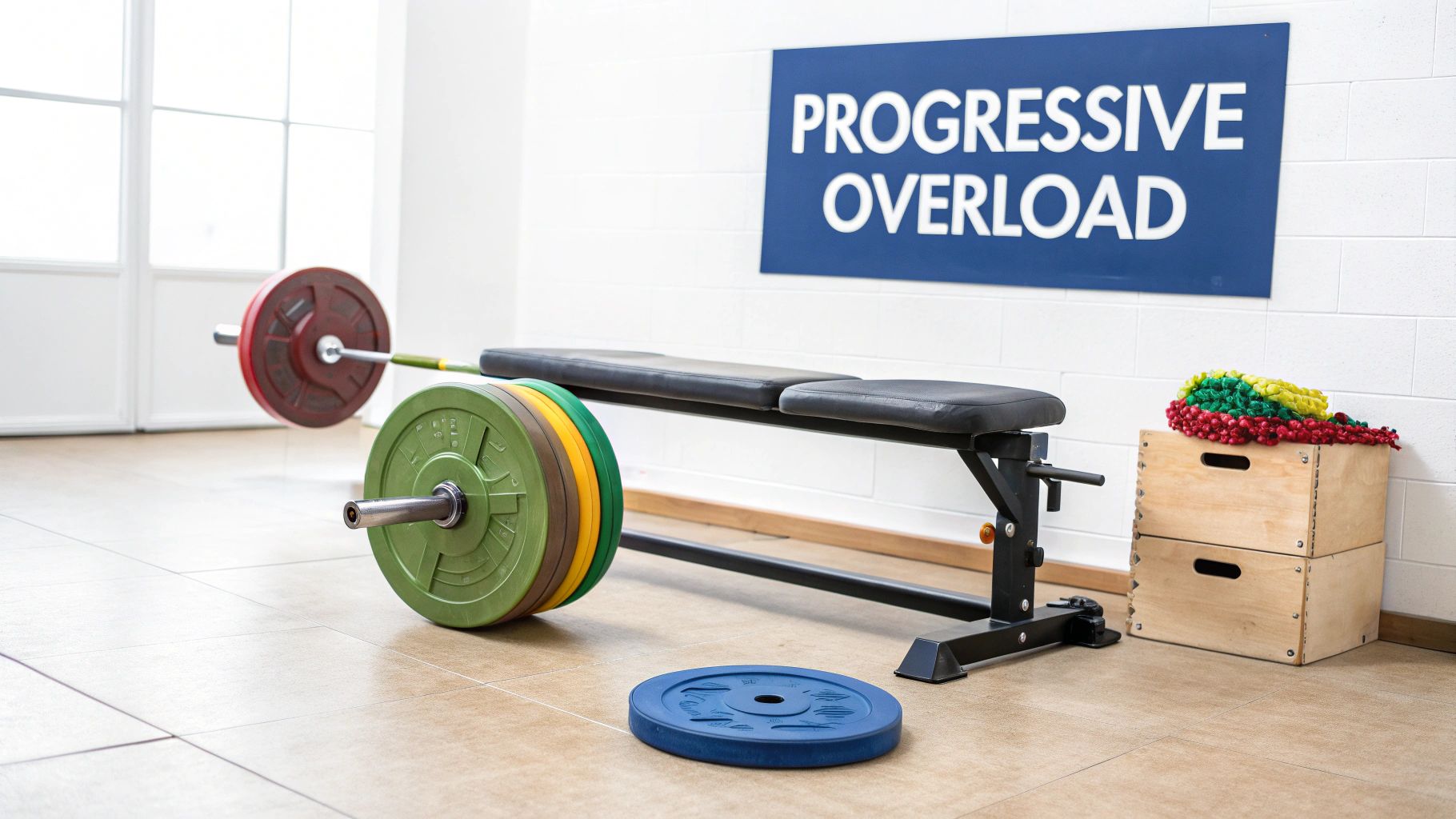 A weight room with a barbell, bench, colorful weight plates, and a "PROGRESSIVE OVERLOAD" sign on the wall.