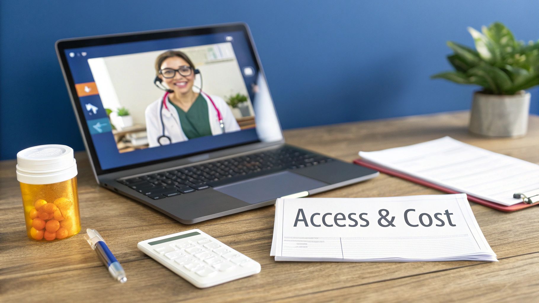 Telemedicine video call with a doctor on a laptop, showing a pill bottle, calculator, and 'Access & Cost' papers.