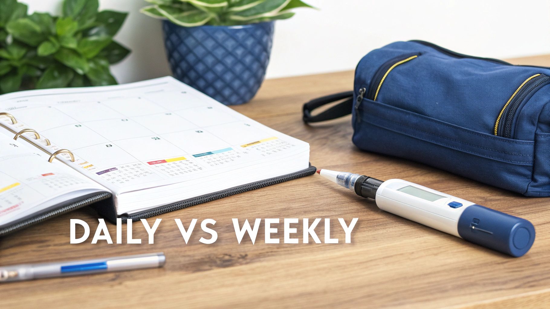 An open planner, a smart medical injection pen, and a blue travel bag on a wooden desk, symbolizing daily or weekly health routines.