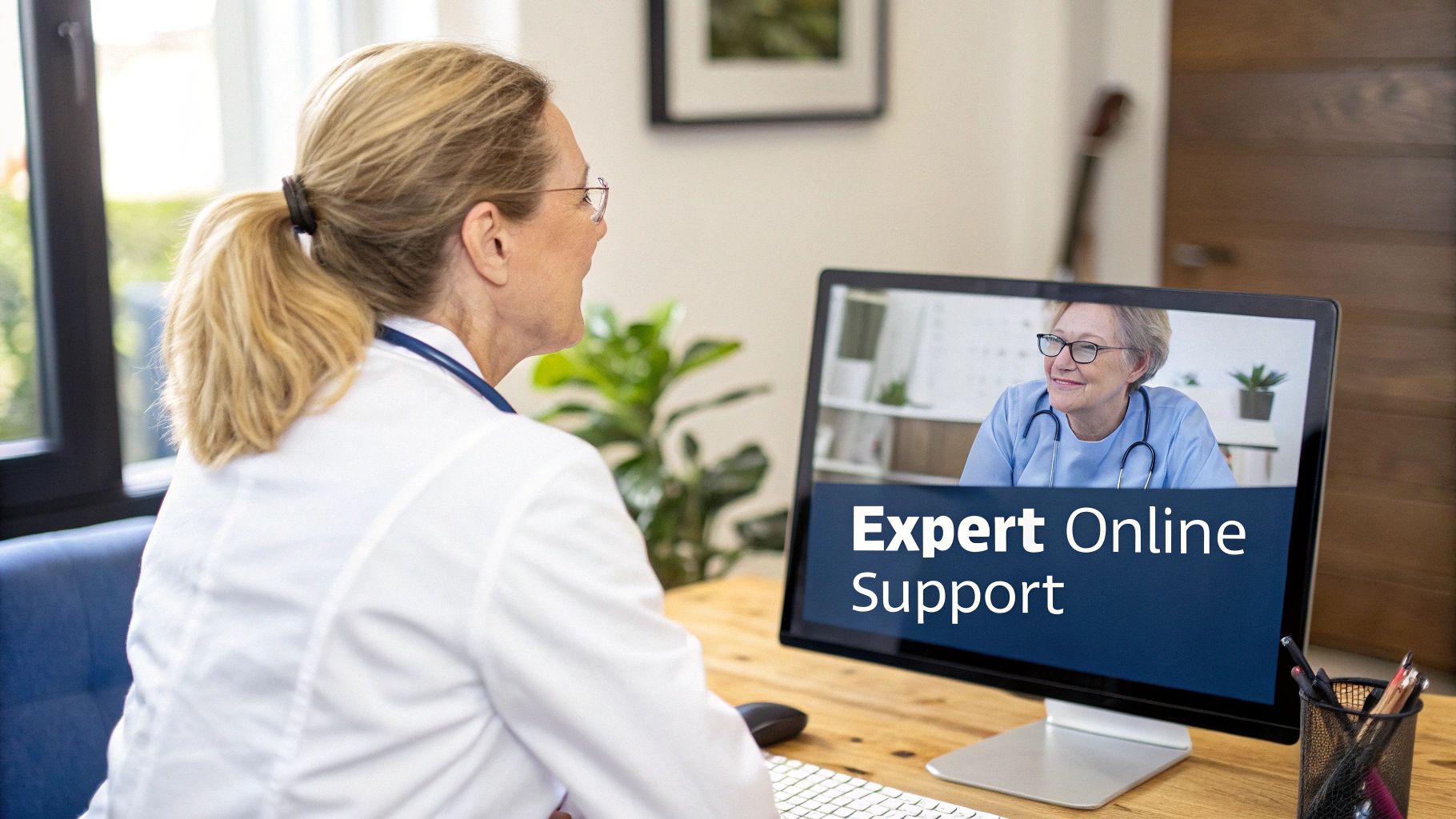 A friendly healthcare provider discusses a patient's health plan during a telehealth call.