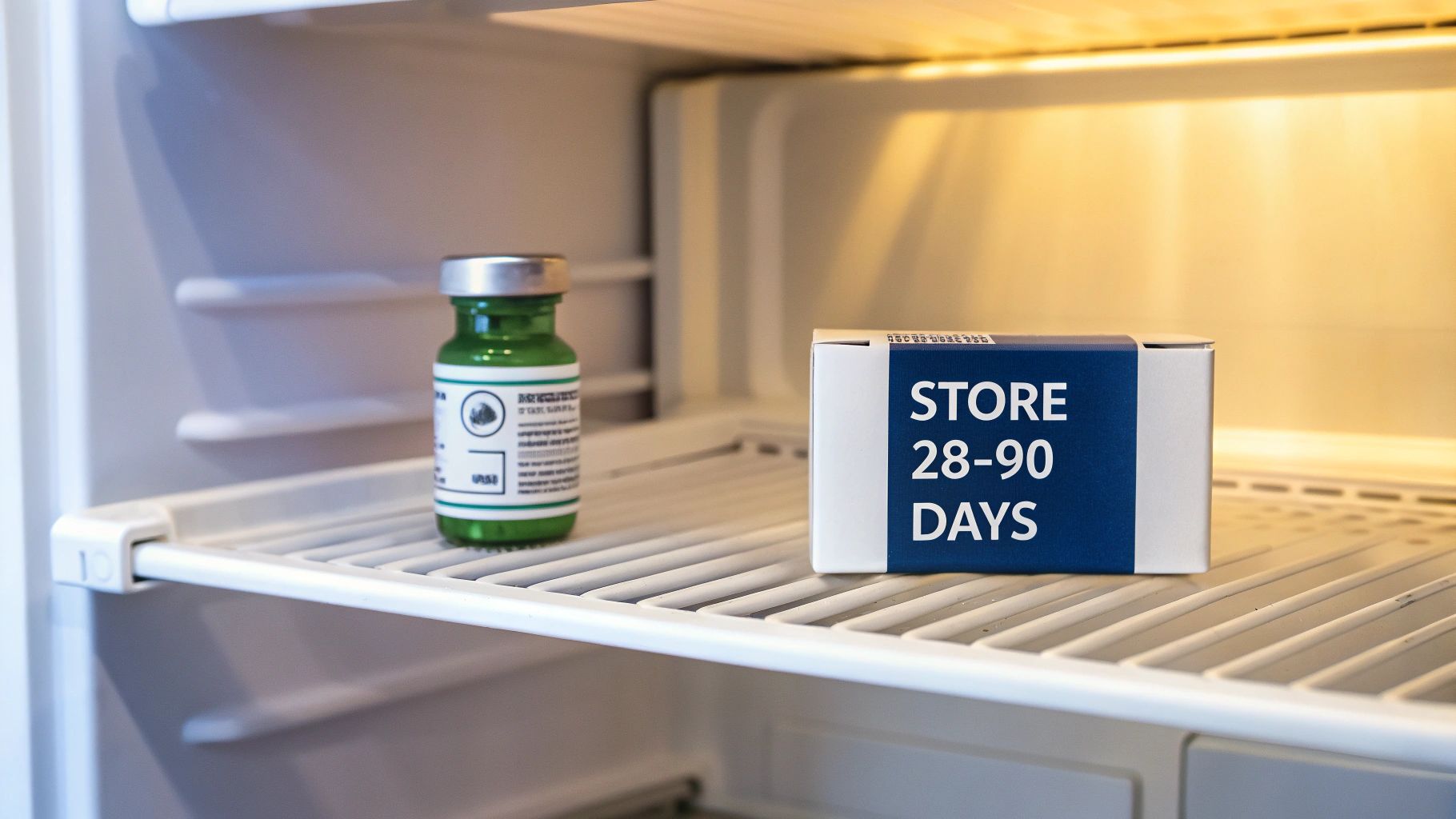A green medication vial and a box labeled 'STORE 28-90 DAYS' inside a refrigerator.