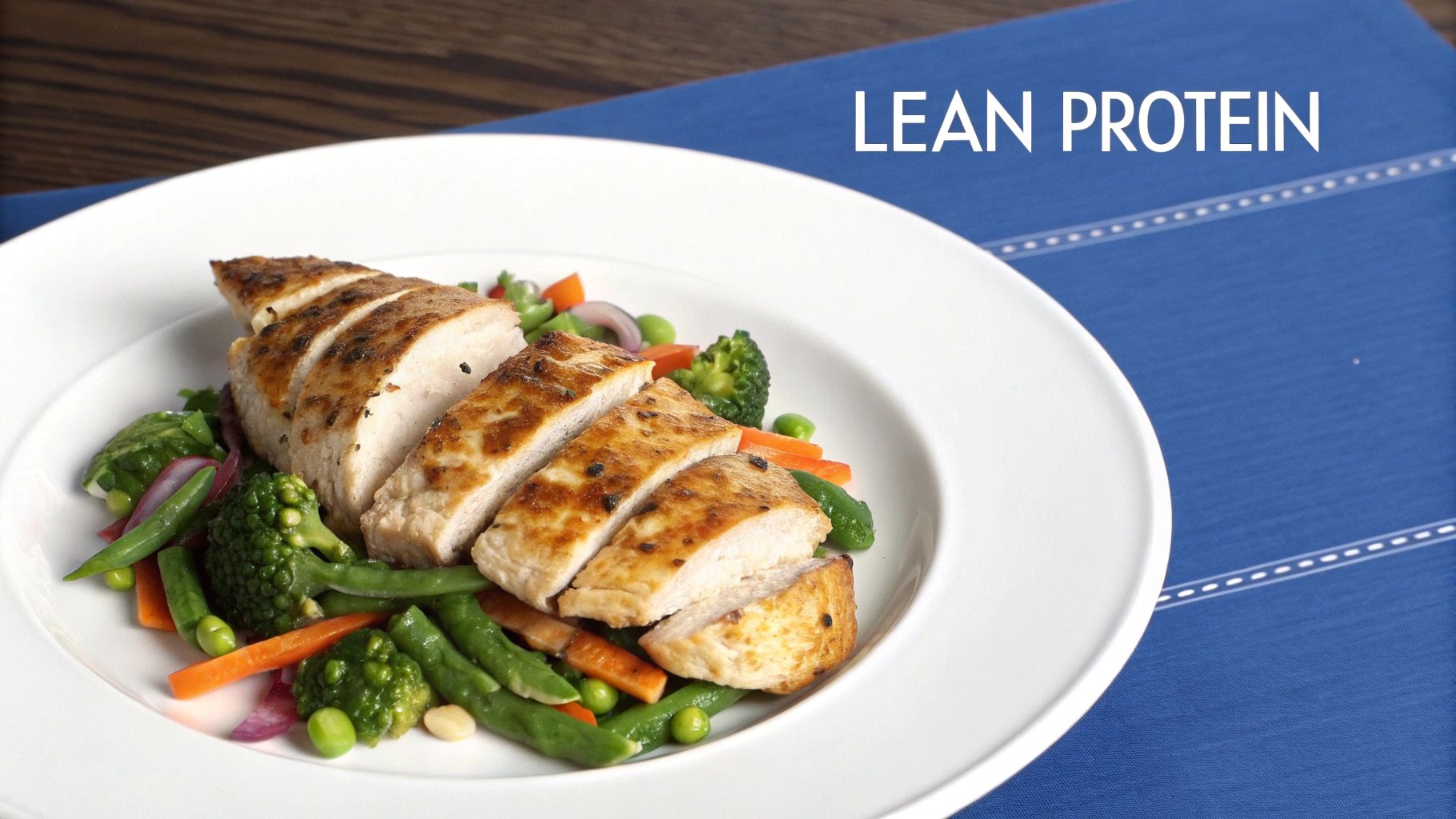 A white plate holds sliced grilled chicken breast with steamed mixed vegetables on a blue placemat.