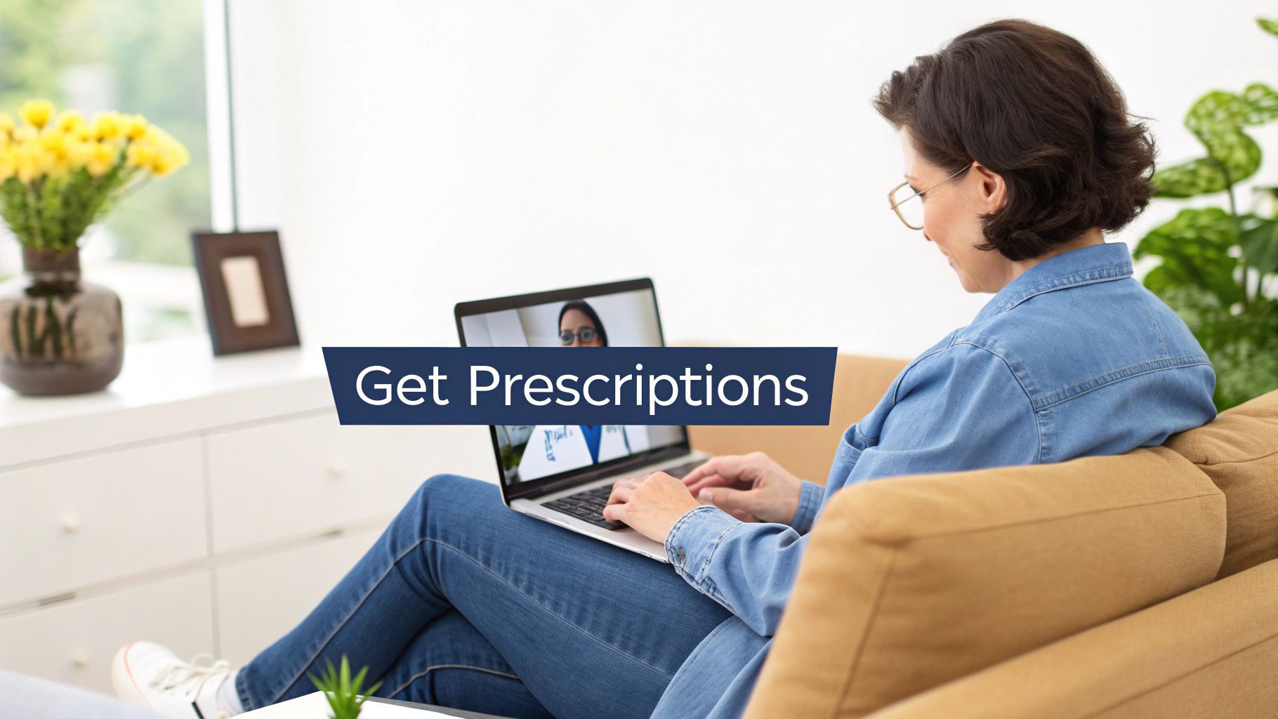 Woman having virtual telemedicine consultation with doctor on laptop to get prescriptions online