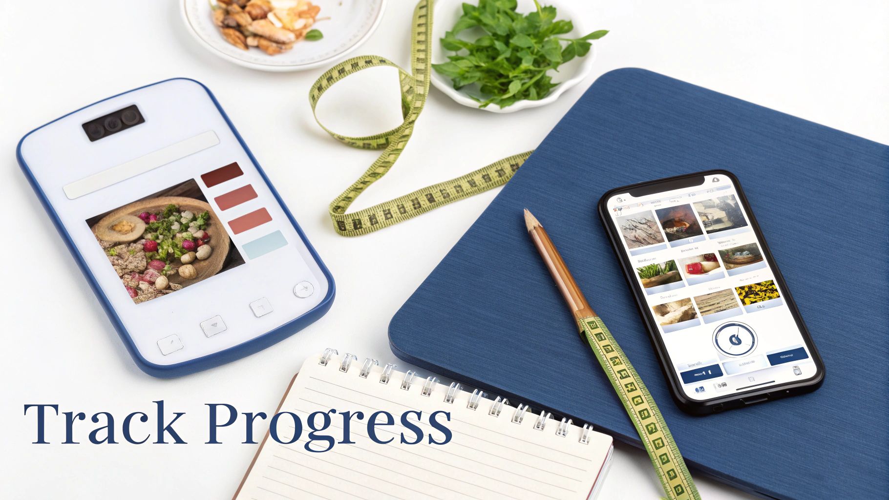 Flat lay of health and fitness tracking tools including smart devices, measuring tape, and notebooks.