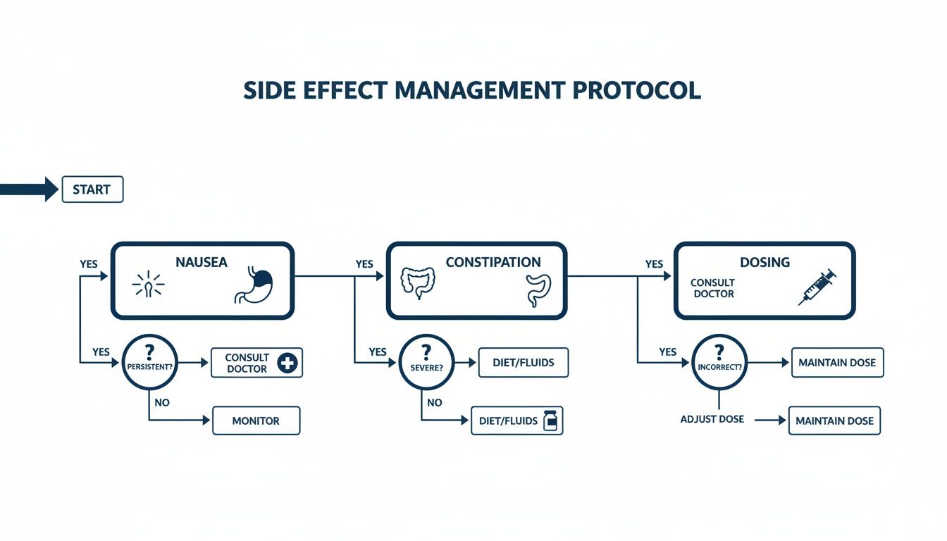 A detailed flowchart outlining a side effect management protocol for nausea, constipation, and dosing adjustments.