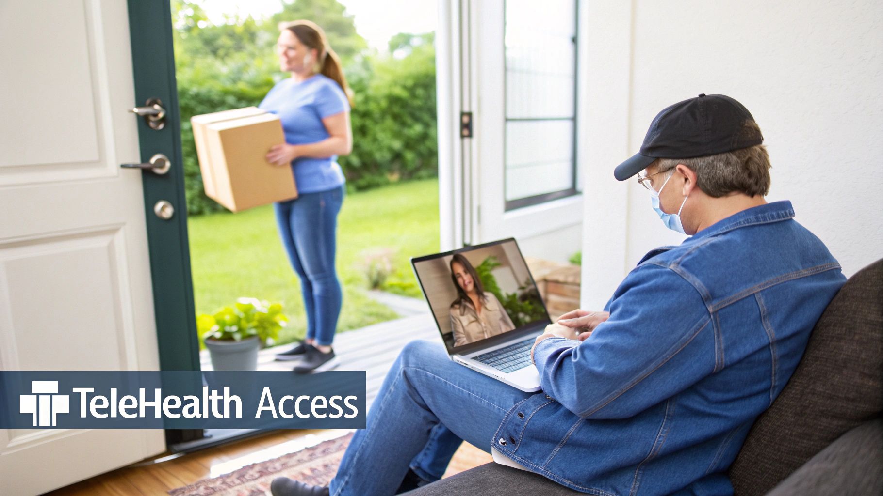 A man on a couch uses a laptop for telehealth, while a woman delivers a package at the door.