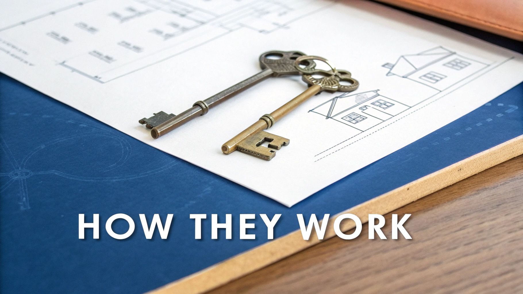 Two ornate antique keys rest on house blueprints and architectural plans, on a wooden desk.