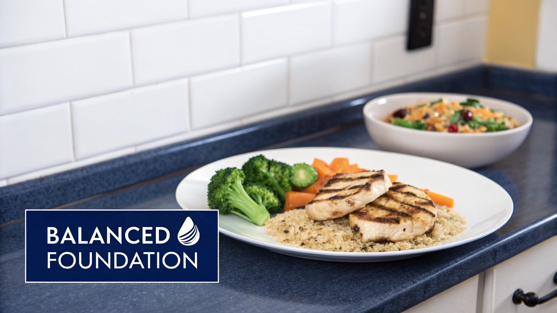 A healthy balanced meal with grilled chicken, quinoa, broccoli, and carrots on a plate in a kitchen.